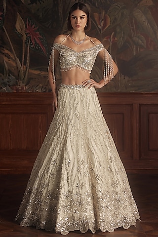 Ivory Net Embroidered Lehenga Set by ROQA | Siddharth Khurana & Kartik Khurana