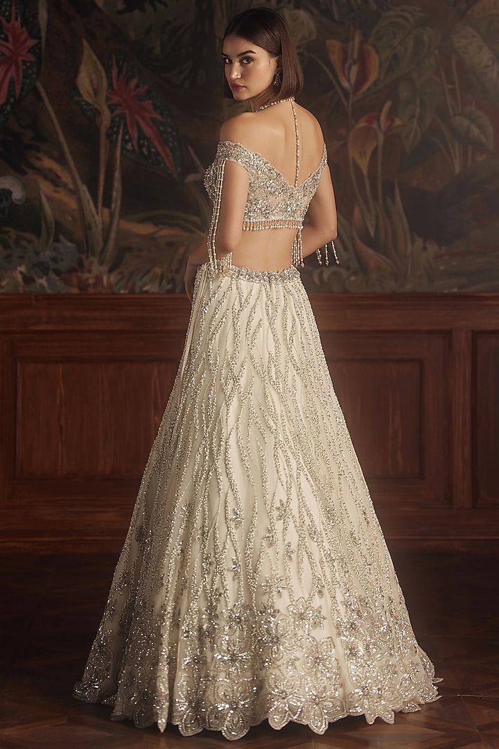 Ivory Net Embroidered Bridal Lehenga Set by ROQA | Siddharth Khurana & Kartik Khurana at Pernia's Pop Up Shop
