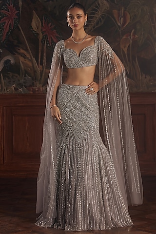 Lilac Net Sequin & Swarovski Embellished Lehenga Set by ROQA | Siddharth Khurana & Kartik Khurana