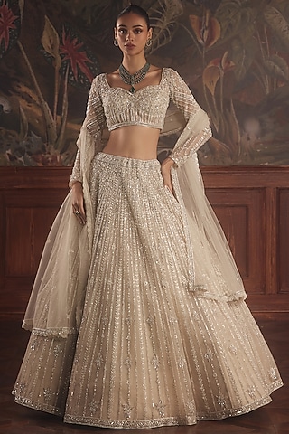 Ivory Net Floral Embroidered Lehenga Set by ROQA | Siddharth Khurana & Kartik Khurana
