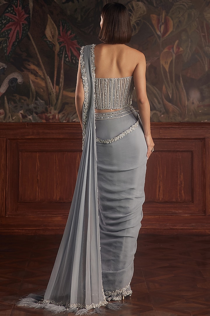 Powder Blue Georgette Hand Embroidered Draped Wedding Saree Set by ROQA | Siddharth Khurana & Kartik Khurana at Pernia's Pop Up Shop