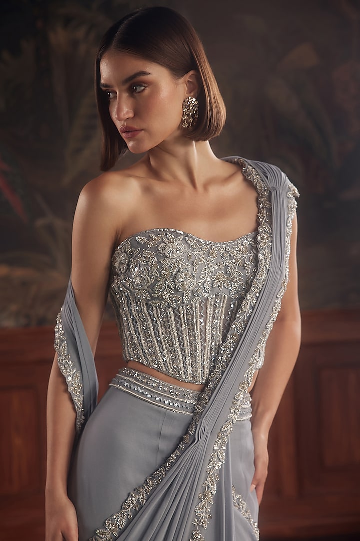 Powder Blue Georgette Hand Embroidered Draped Wedding Saree Set by ROQA | Siddharth Khurana & Kartik Khurana at Pernia's Pop Up Shop
