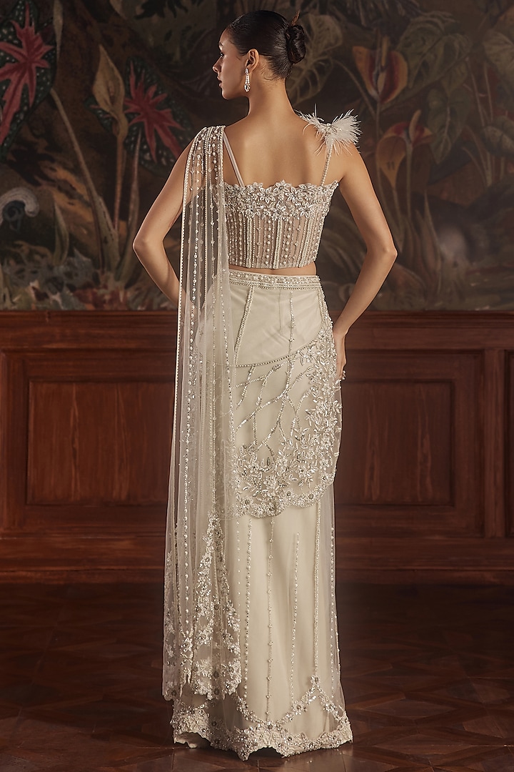 Ivory Net Sequins & Crystal Embroidered Draped Reception Saree Set by ROQA | Siddharth Khurana & Kartik Khurana at Pernia's Pop Up Shop