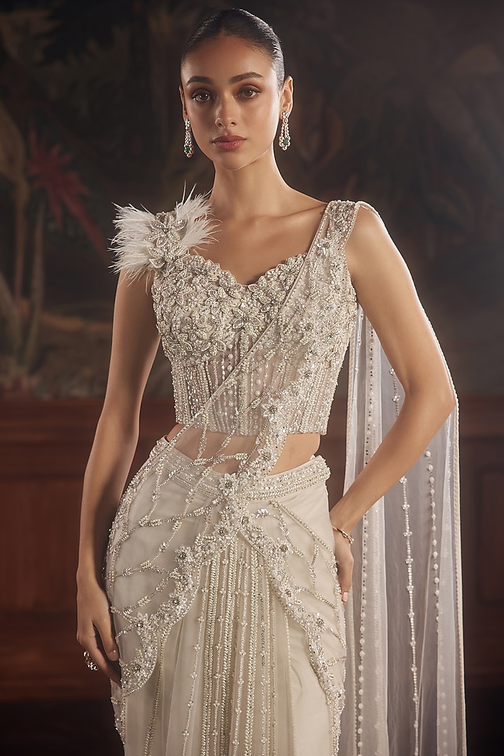 Ivory Net Sequins & Crystal Embroidered Draped Reception Saree Set by ROQA | Siddharth Khurana & Kartik Khurana at Pernia's Pop Up Shop