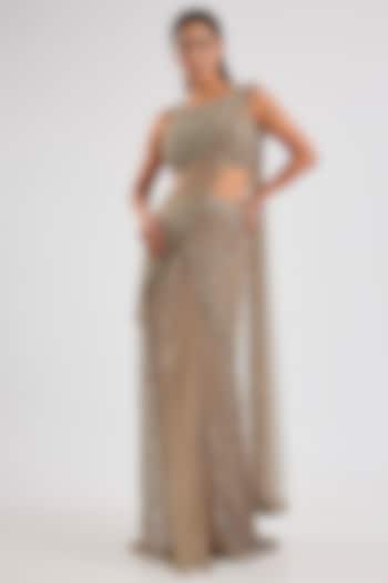 Beige Net Draped Reception Saree Set by ROQA | Siddharth Khurana & Kartik Khurana at Pernia's Pop Up Shop