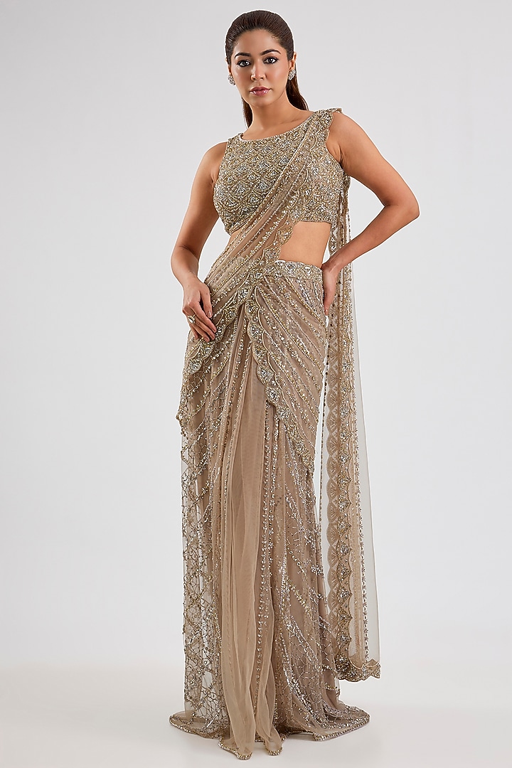 Beige Net Draped Reception Saree Set by ROQA | Siddharth Khurana & Kartik Khurana at Pernia's Pop Up Shop