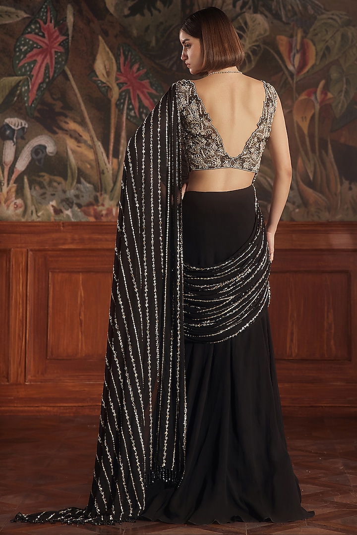 Black Georgette Sequins & Cutdana Embroidered Draped Reception Saree by ROQA | Siddharth Khurana & Kartik Khurana at Pernia's Pop Up Shop