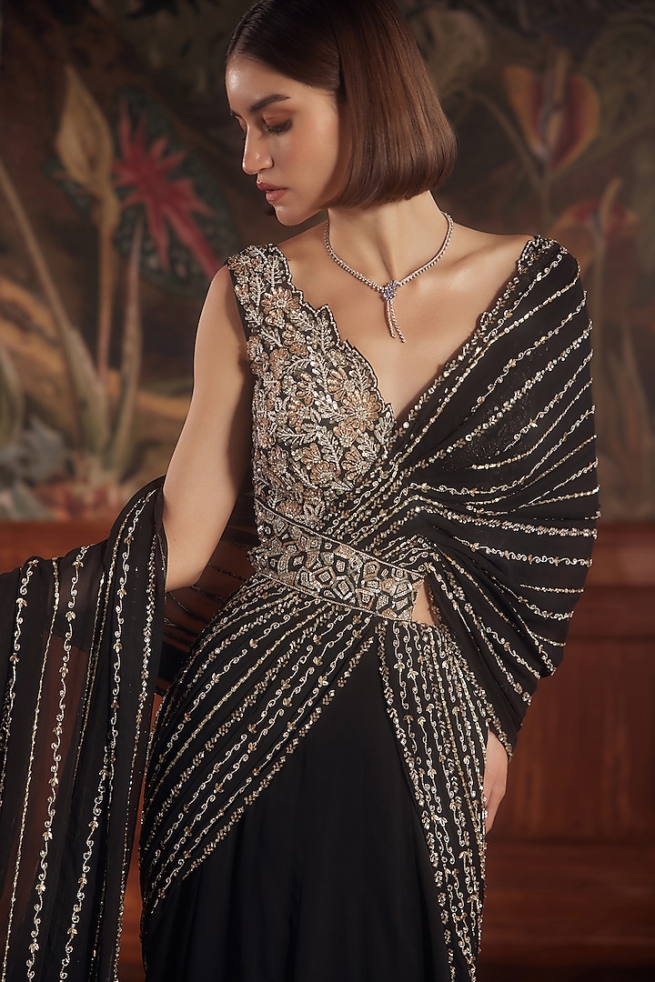 Black Georgette Sequins & Cutdana Embroidered Draped Reception Saree by ROQA | Siddharth Khurana & Kartik Khurana at Pernia's Pop Up Shop