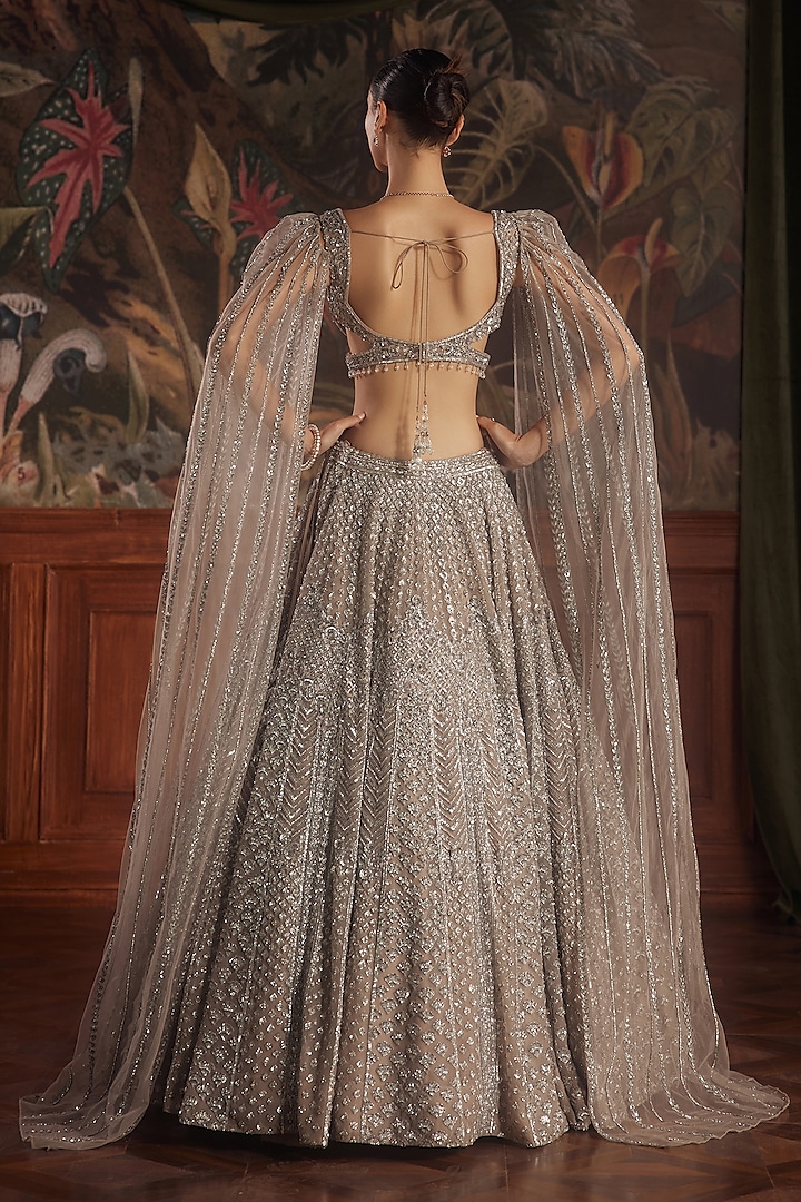 Grey Net Crystal Embellished Flared Bridal Lehenga Set by ROQA | Siddharth Khurana & Kartik Khurana at Pernia's Pop Up Shop