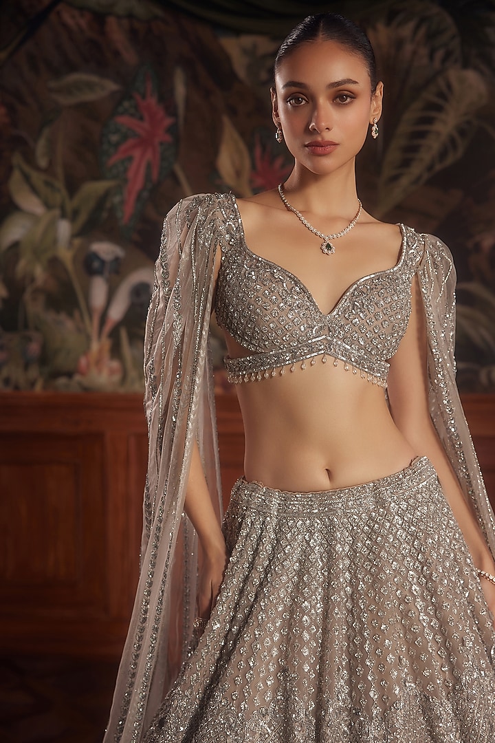 Grey Net Crystal Embellished Flared Bridal Lehenga Set by ROQA | Siddharth Khurana & Kartik Khurana at Pernia's Pop Up Shop