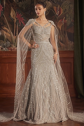 Taupe Grey Hand Embroidered Mermaid Gown by ROQA | Siddharth Khurana & Kartik Khurana