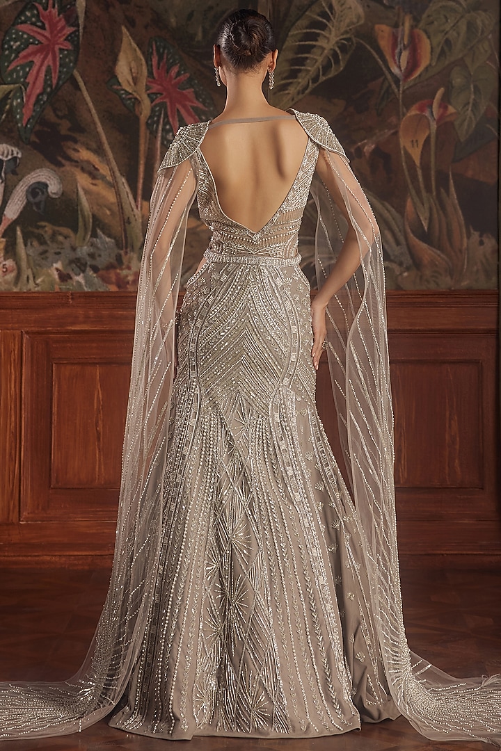 Pernia's Pop Up Shop - Roqa | Siddharth Khurana & Kartik Khurana Women Taupe Grey Hand Embroidered Mermaid Gown