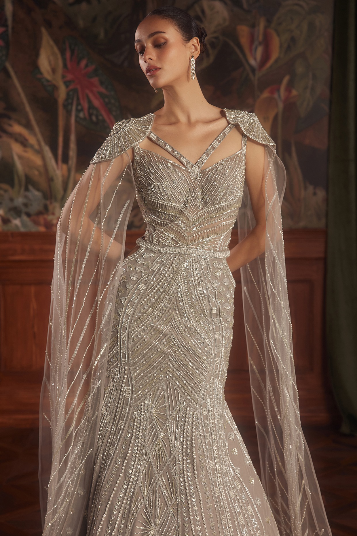 Taupe Grey Hand Embroidered Mermaid Wedding Gown by ROQA