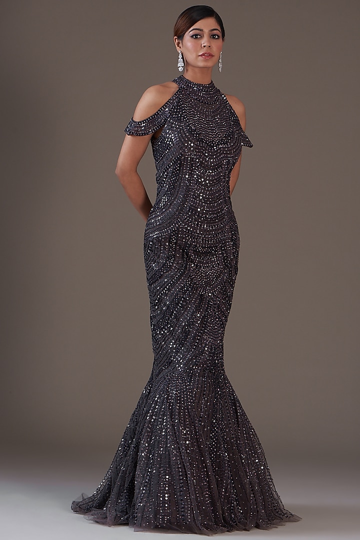 Grey Net & Organza Gown by ROQA