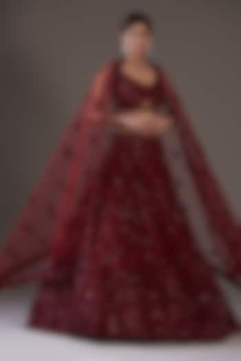 Maroon Net Embroidered Bridal Lehenga Set by ROQA at Pernia's Pop Up Shop