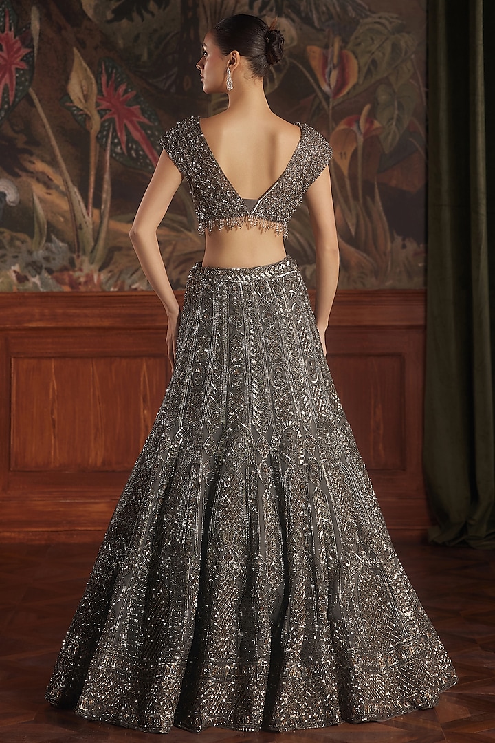 Charcoal Grey Net Hand Embroidered Bridal Lehenga Set by ROQA | Siddharth Khurana & Kartik Khurana at Pernia's Pop Up Shop