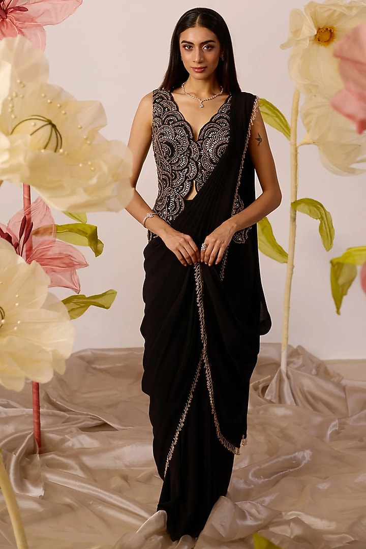 Black Georgette Hand Embroidered Draped Wedding Saree Set by ROQA | Siddharth Khurana & Kartik Khurana at Pernia's Pop Up Shop
