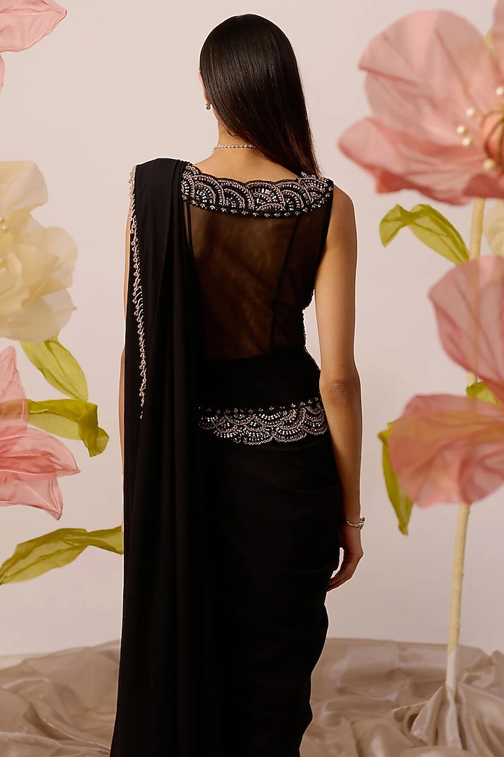 Black Georgette Hand Embroidered Draped Wedding Saree Set by ROQA | Siddharth Khurana & Kartik Khurana at Pernia's Pop Up Shop