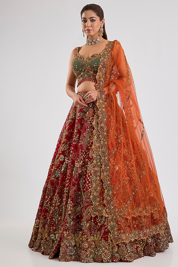 Red Net Bridal Lehenga Set by ROQA | Siddharth Khurana & Kartik Khurana at Pernia's Pop Up Shop