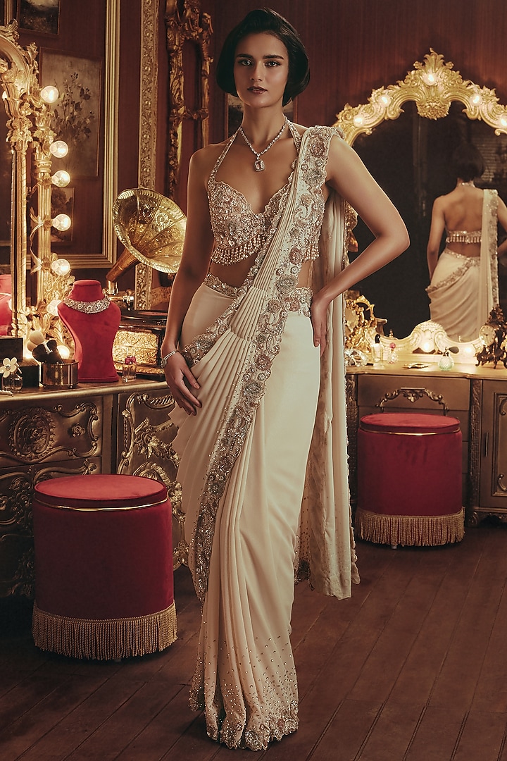 Ivory Shimmer Georgette Sequin Hand Embroidered Draped Reception Saree Set by ROQA | Siddharth Khurana & Kartik Khurana at Pernia's Pop Up Shop