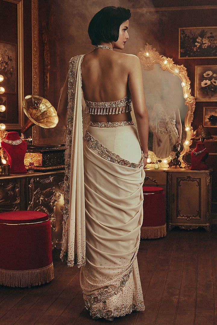 Ivory Shimmer Georgette Sequin Hand Embroidered Draped Reception Saree Set by ROQA | Siddharth Khurana & Kartik Khurana at Pernia's Pop Up Shop