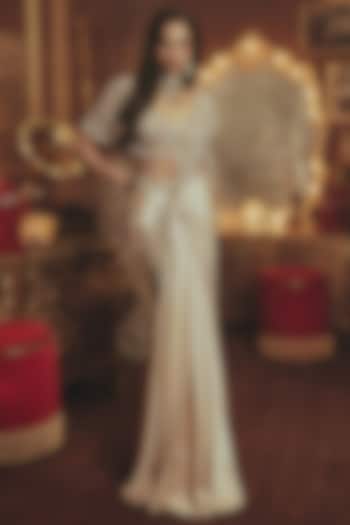 Ivory Modal Satin Pearl Embellished Draped Reception Saree Set by ROQA | Siddharth Khurana & Kartik Khurana at Pernia's Pop Up Shop