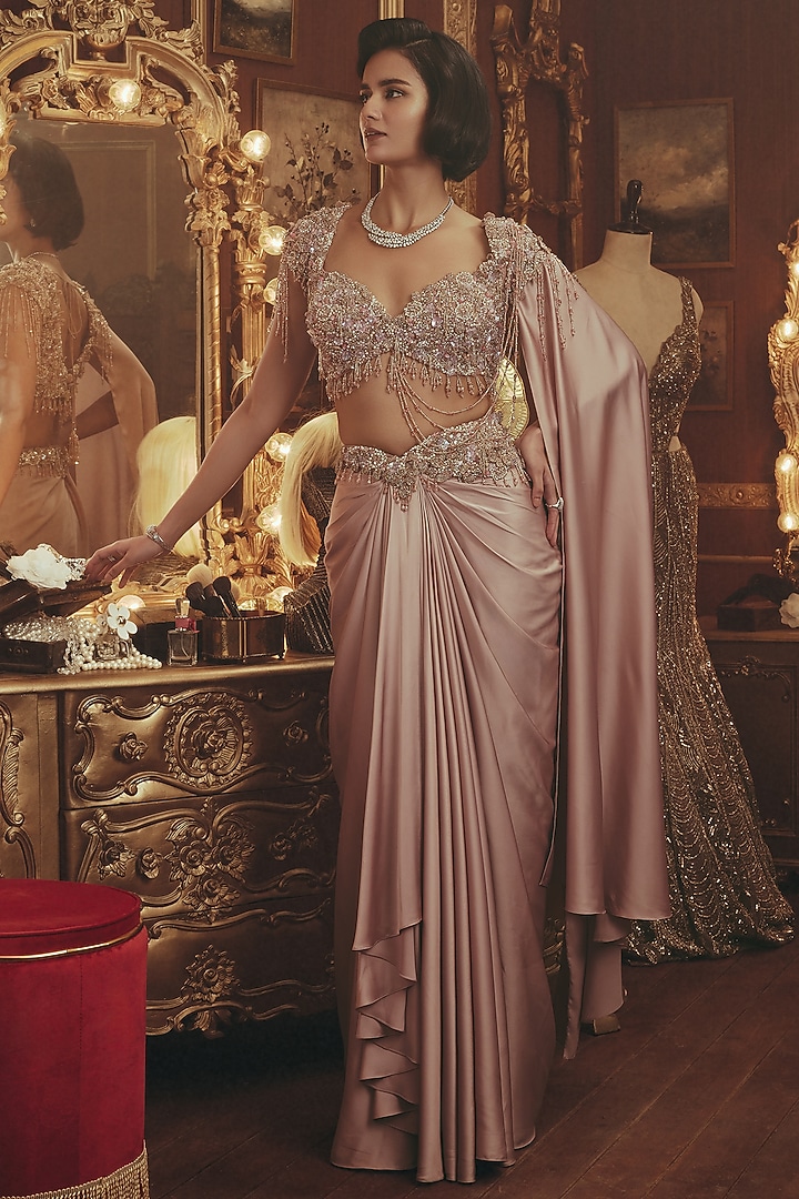 Rose Dusty Pink Modal Satin Bead Embellished Draped Skirt Reception Saree Set by ROQA | Siddharth Khurana & Kartik Khurana at Pernia's Pop Up Shop