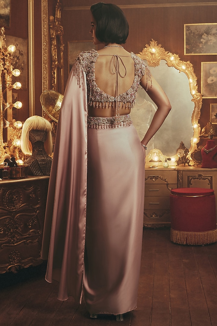 Rose Dusty Pink Modal Satin Bead Embellished Draped Skirt Reception Saree Set by ROQA | Siddharth Khurana & Kartik Khurana at Pernia's Pop Up Shop