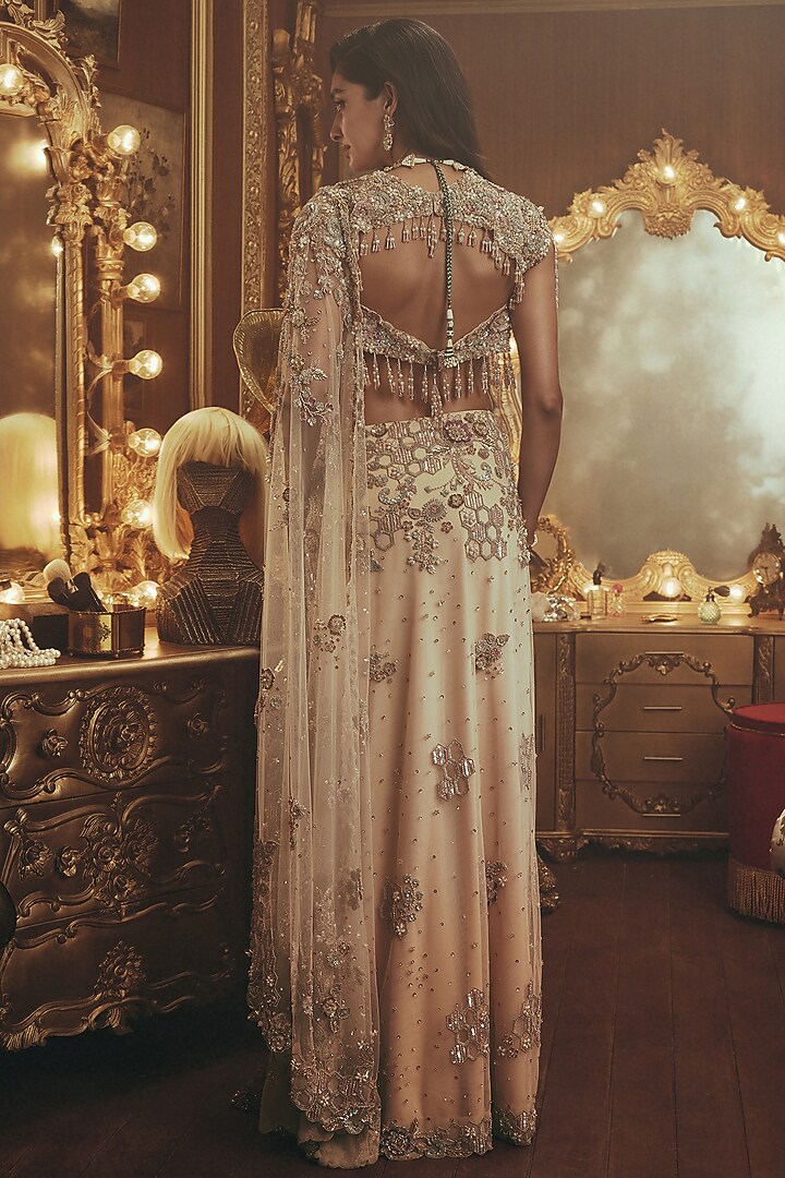Beige Net Crystal & Bead Embroidered Draped Bridal Saree Set by ROQA | Siddharth Khurana & Kartik Khurana at Pernia's Pop Up Shop