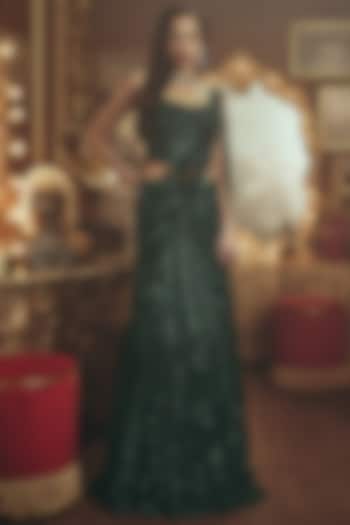 Emerald Green Net Sequin Embellished Draped Bridal Lehenga Set by ROQA | Siddharth Khurana & Kartik Khurana at Pernia's Pop Up Shop