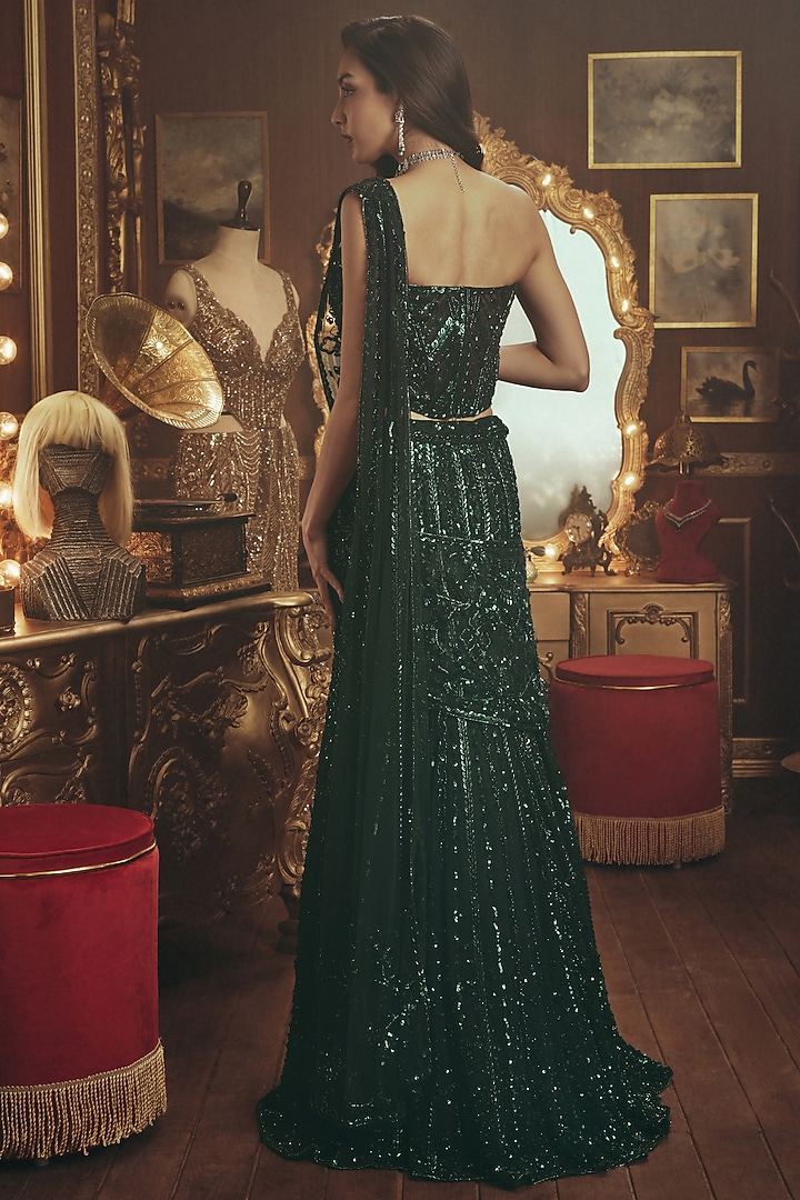 Emerald Green Net Sequin Embellished Draped Bridal Lehenga Saree Set by ROQA | Siddharth Khurana & Kartik Khurana at Pernia's Pop Up Shop