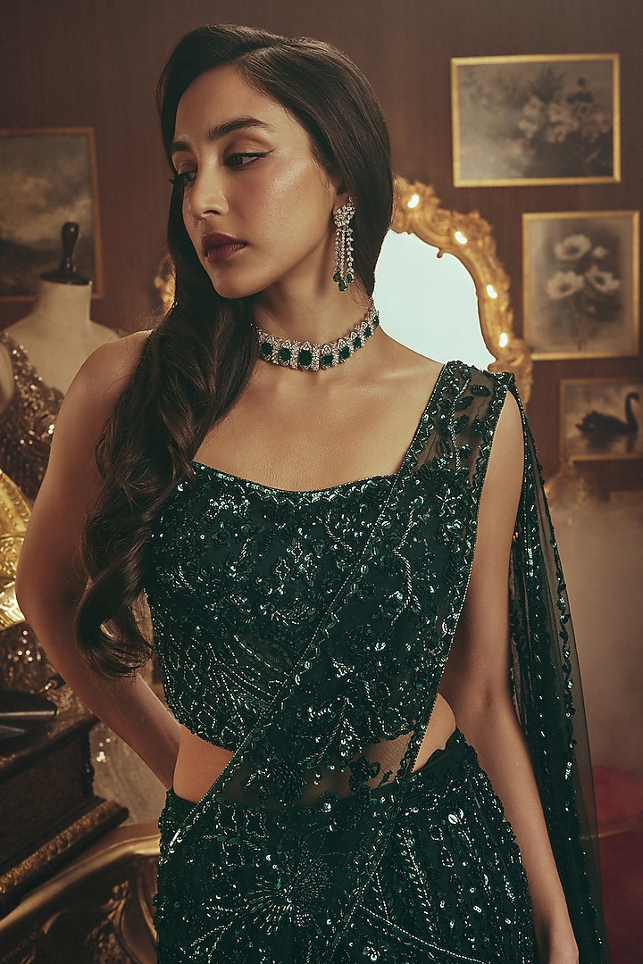 Emerald Green Net Sequin Embellished Draped Bridal Lehenga Saree Set by ROQA | Siddharth Khurana & Kartik Khurana at Pernia's Pop Up Shop
