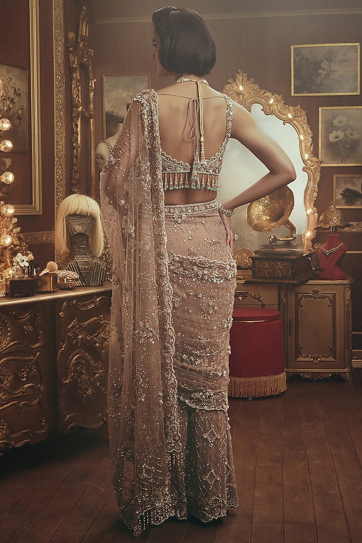 Nude Brown Net Bead Hand Embellished Draped Bridal Saree Set by ROQA | Siddharth Khurana & Kartik Khurana at Pernia's Pop Up Shop