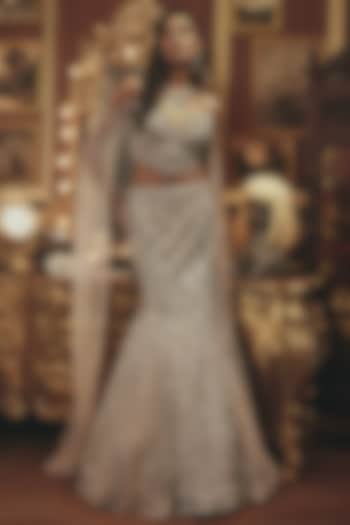 Silver Net Bead & Floral Embroidered Bridal Lehenga Set by ROQA | Siddharth Khurana & Kartik Khurana at Pernia's Pop Up Shop