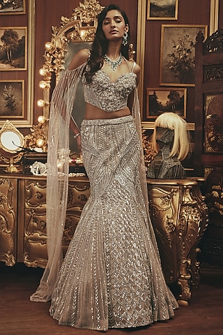 Silver Net Bead & Floral Embroidered Lehenga Set by ROQA | Siddharth Khurana & Kartik Khurana