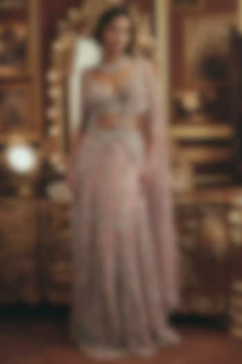 Blush Pink Net Sequin Hand Embroidered Draped Bridal Lehenga Set by ROQA | Siddharth Khurana & Kartik Khurana at Pernia's Pop Up Shop
