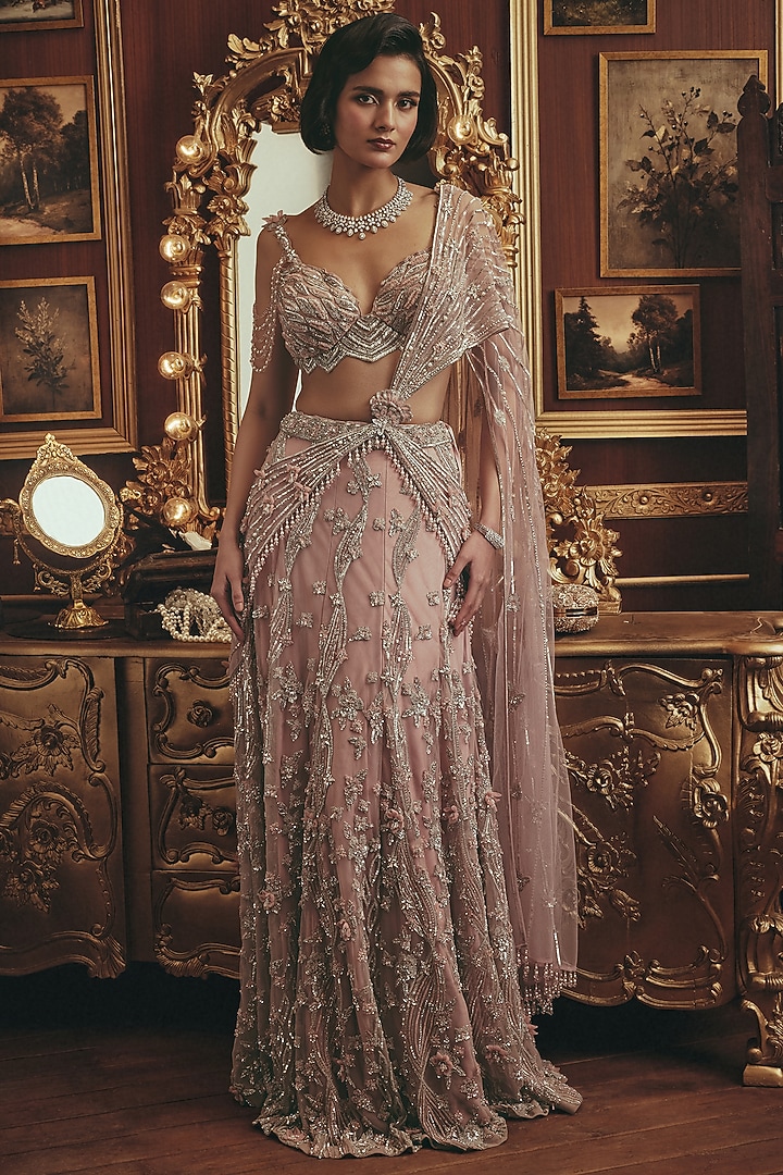 Blush Pink Net Sequin Hand Embroidered Draped Bridal Lehenga Set by ROQA | Siddharth Khurana & Kartik Khurana at Pernia's Pop Up Shop