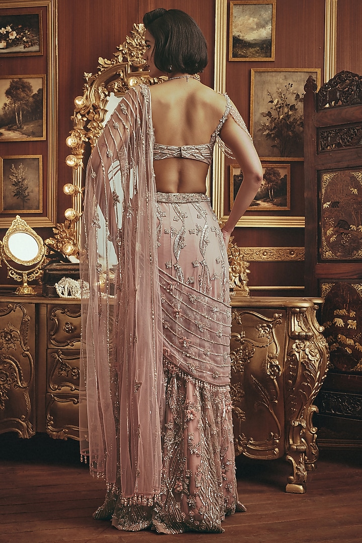 Blush Pink Net Sequin Hand Embroidered Draped Bridal Lehenga Set by ROQA | Siddharth Khurana & Kartik Khurana at Pernia's Pop Up Shop