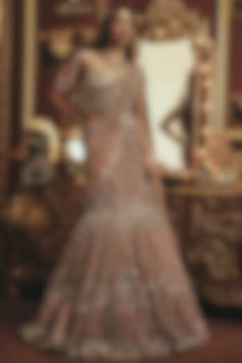 Burnt Peach Net Pearl & Sequin Embroidered Bridal Lehenga Set by ROQA | Siddharth Khurana & Kartik Khurana at Pernia's Pop Up Shop