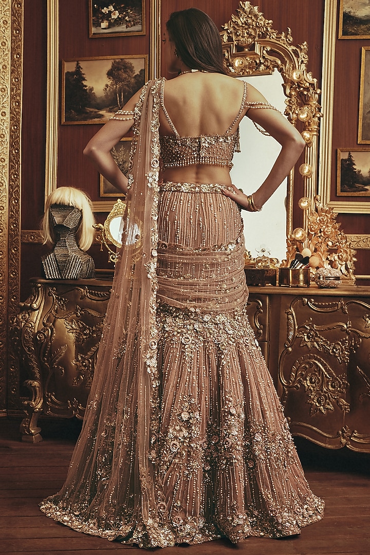 Burnt Peach Net Pearl & Sequin Embroidered Bridal Lehenga Saree Set by ROQA | Siddharth Khurana & Kartik Khurana at Pernia's Pop Up Shop