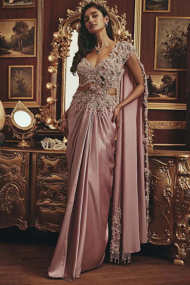 Dusty Pink Modal Satin Floral Embroidered Draped Reception Saree Set by ROQA | Siddharth Khurana & Kartik Khurana at Pernia's Pop Up Shop