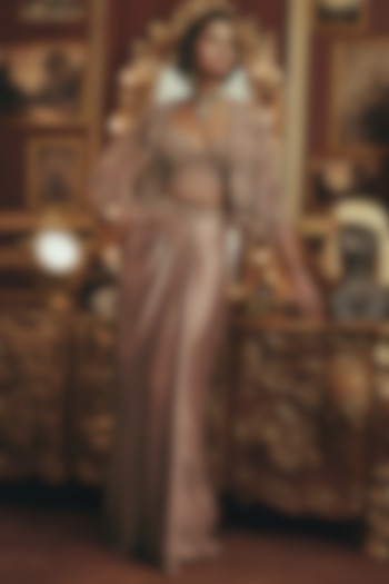 Taupe Modal Satin Draped Skirt Set by ROQA | Siddharth Khurana & Kartik Khurana at Pernia's Pop Up Shop