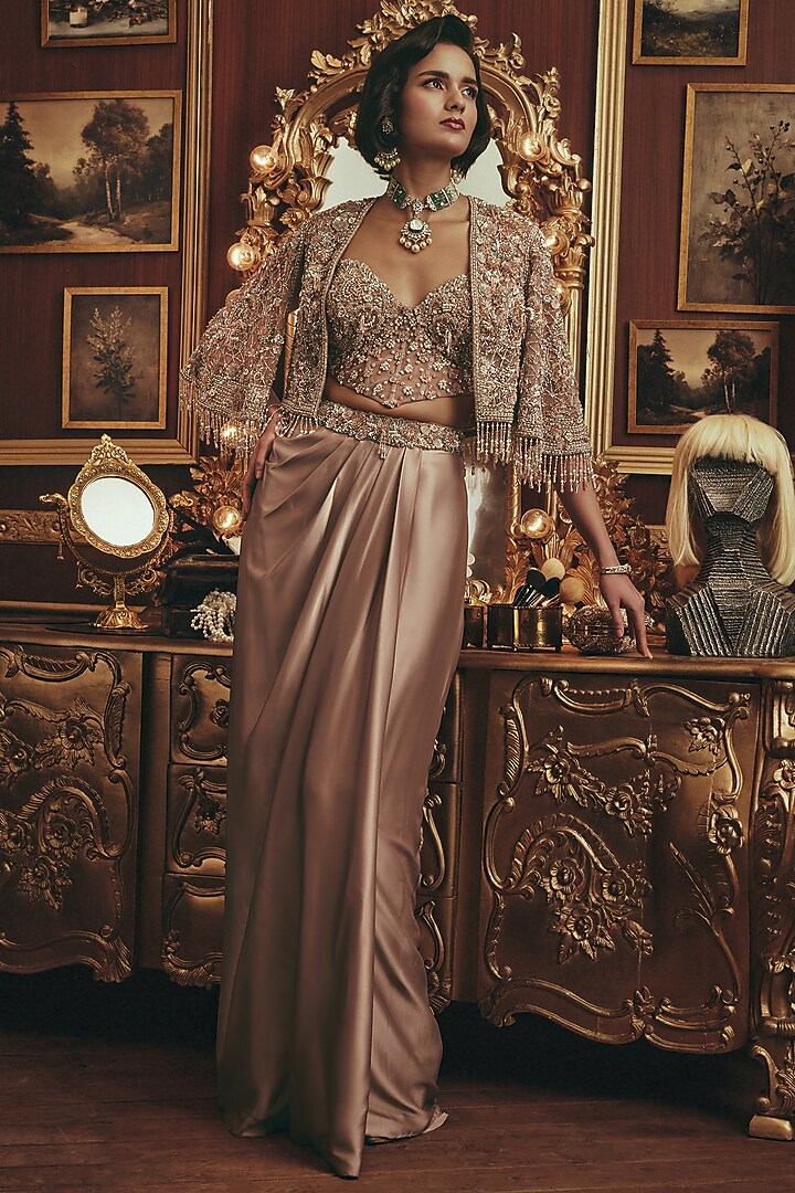 Taupe Modal Satin Draped Skirt Set by ROQA | Siddharth Khurana & Kartik Khurana at Pernia's Pop Up Shop