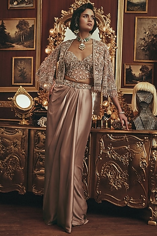 Taupe Modal Satin Draped Skirt Set by ROQA | Siddharth Khurana & Kartik Khurana