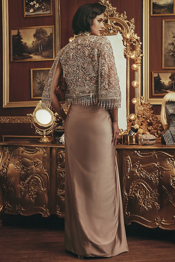 Taupe Modal Satin Draped Skirt Set by ROQA | Siddharth Khurana & Kartik Khurana at Pernia's Pop Up Shop