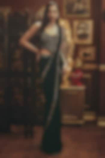 Black Georgette Metallic Embellished Draped Wedding Saree Set by ROQA | Siddharth Khurana & Kartik Khurana at Pernia's Pop Up Shop