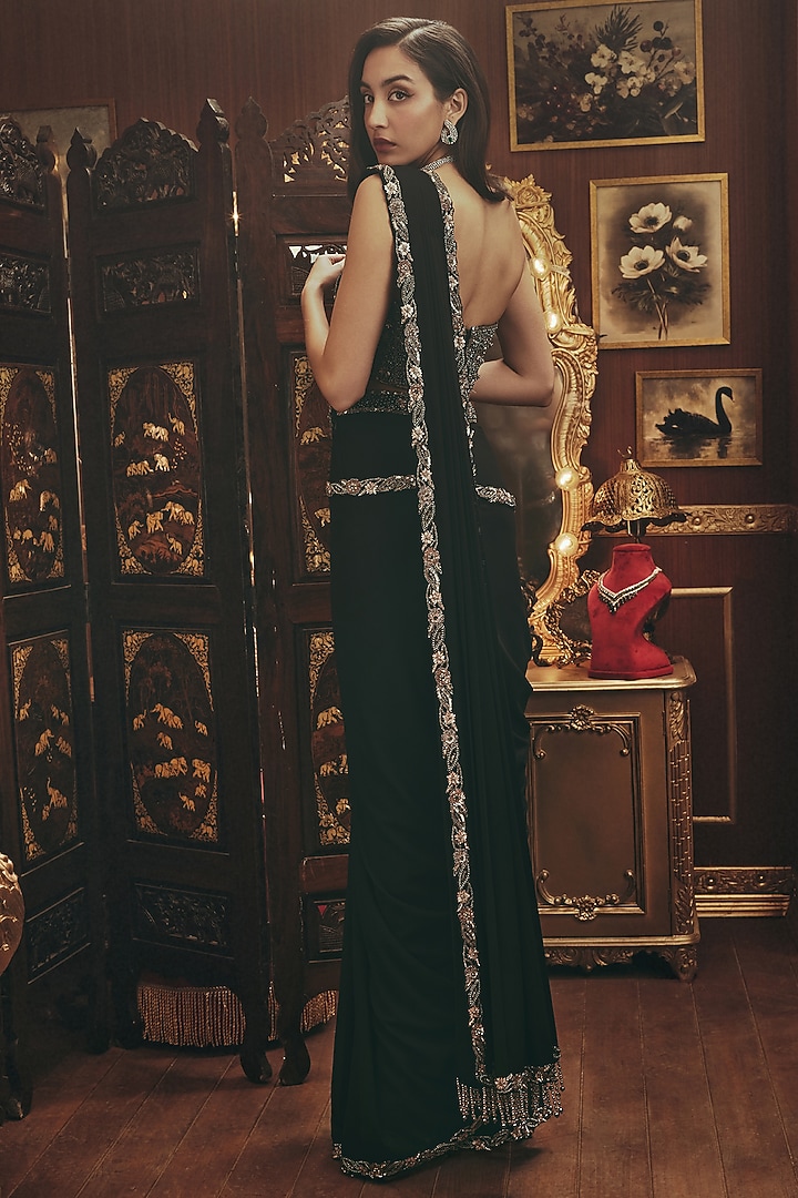 Black Georgette Metallic Embellished Draped Wedding Saree Set by ROQA | Siddharth Khurana & Kartik Khurana at Pernia's Pop Up Shop