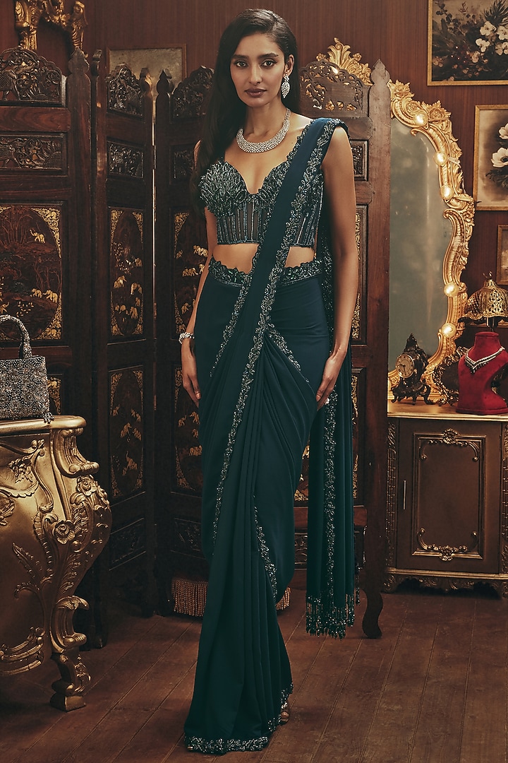 Teal Georgette Embellished Draped Wedding Saree Set by ROQA | Siddharth Khurana & Kartik Khurana at Pernia's Pop Up Shop
