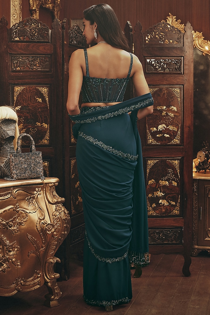 Teal Georgette Embellished Draped Wedding Saree Set by ROQA | Siddharth Khurana & Kartik Khurana at Pernia's Pop Up Shop