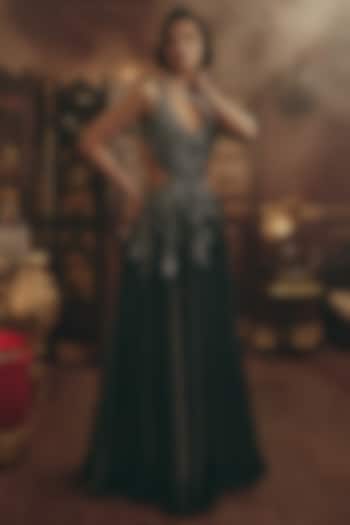 Black Shimmer Organza Metallic Embellished Wedding Gown by ROQA | Siddharth Khurana & Kartik Khurana at Pernia's Pop Up Shop